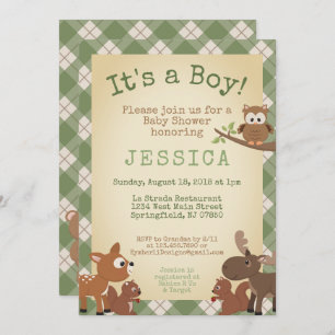 Woodland Animals It's a boy! Green Plaid Invitation