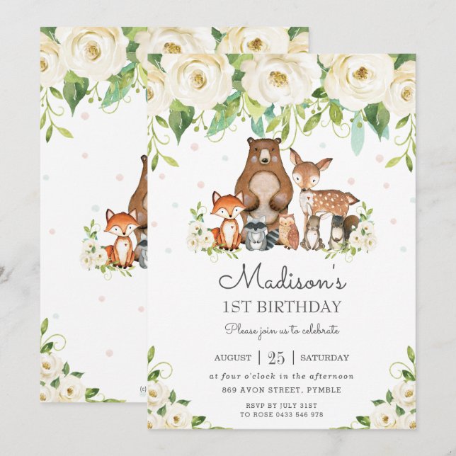 Woodland Animals Ivory White Floral 1st Birthday Invitation (Front/Back)