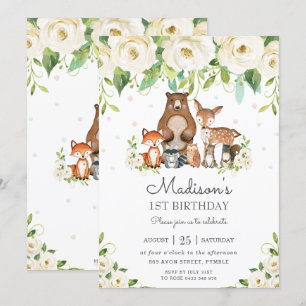 Woodland Animals Ivory White Floral 1st Birthday Invitation
