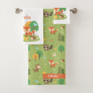 Woodland Animals Kids Personalised Bath Towel Set