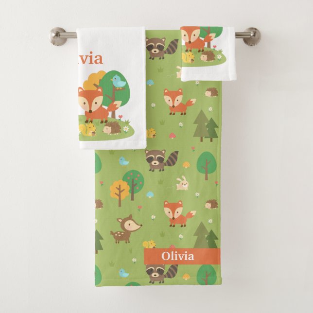 Woodland Animals Kids Personalised Bath Towel Set (Insitu)