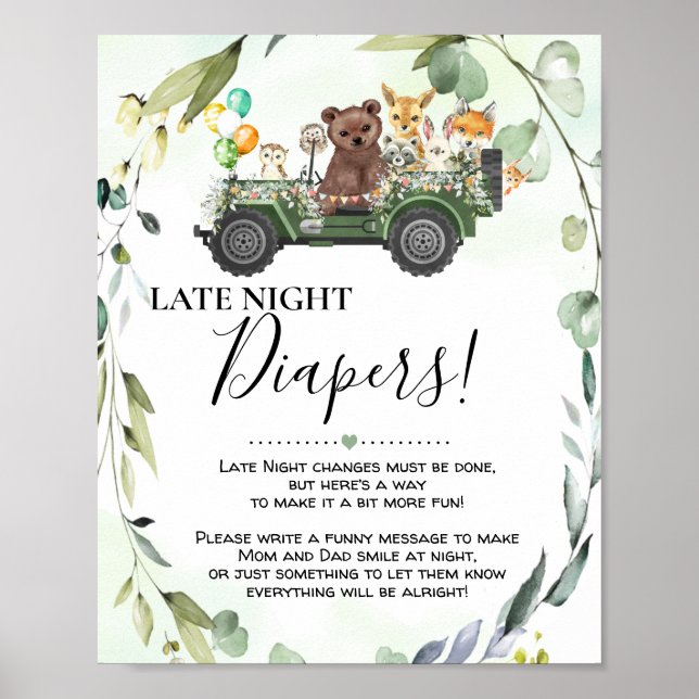 Woodland Animals Late Night Diapers Baby Shower Poster (Front)