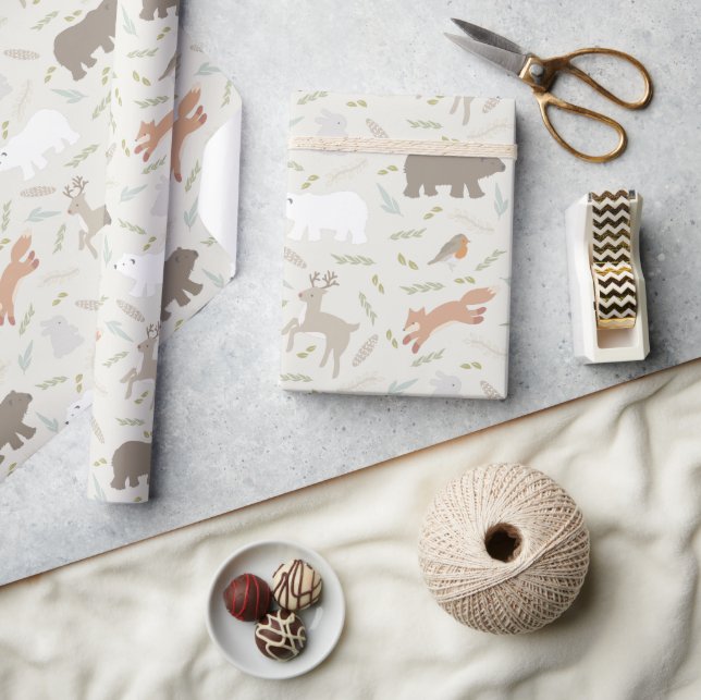 Woodland Animals & Leaf Pattern Beige Wrapping Paper (Crafts)