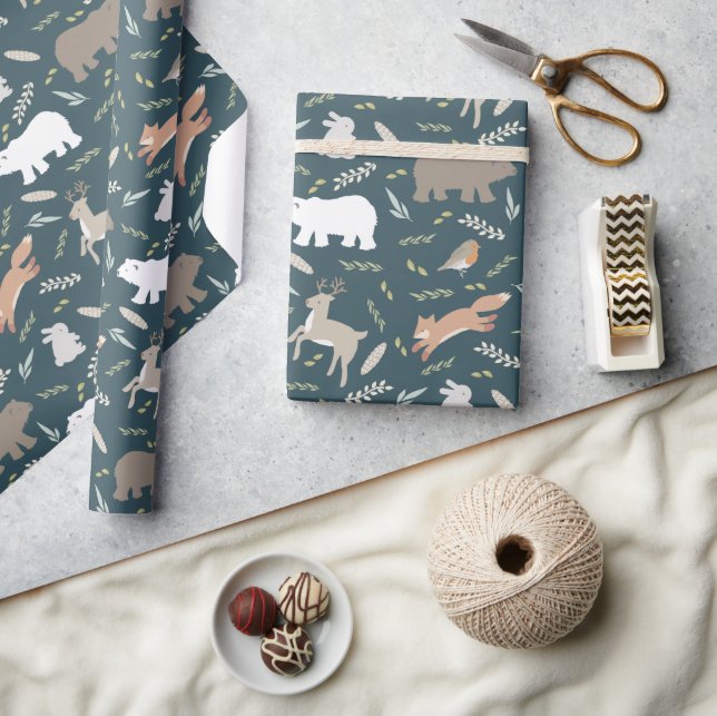 Woodland Animals & Leaf Pattern Navy Blue Wrapping Paper (Crafts)