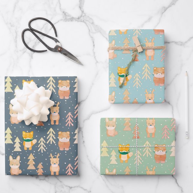 Woodland Animals Mask Tree Pattern Holiday Wrapping Paper Sheet (Front)