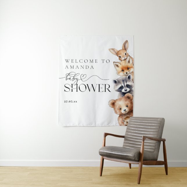 Woodland Animals Modern Baby Shower Tapestry (In Situ)