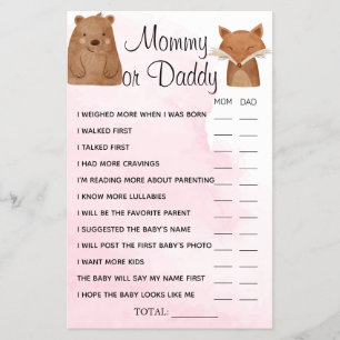 Woodland Animals Mommy or Daddy Shower game card
