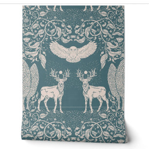 Woodland Animals Mythology Green Blue Wallpaper