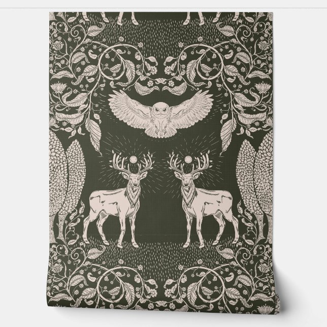 Woodland Animals Mythology Green Wallpaper (Unrolling)