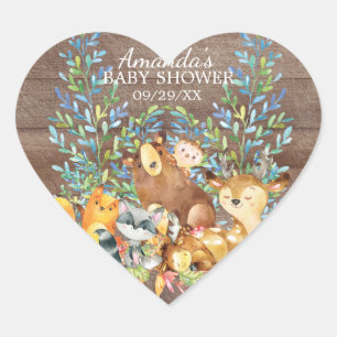 Woodland Animals Neutral Baby Shower Favour Sticke Heart Sticker