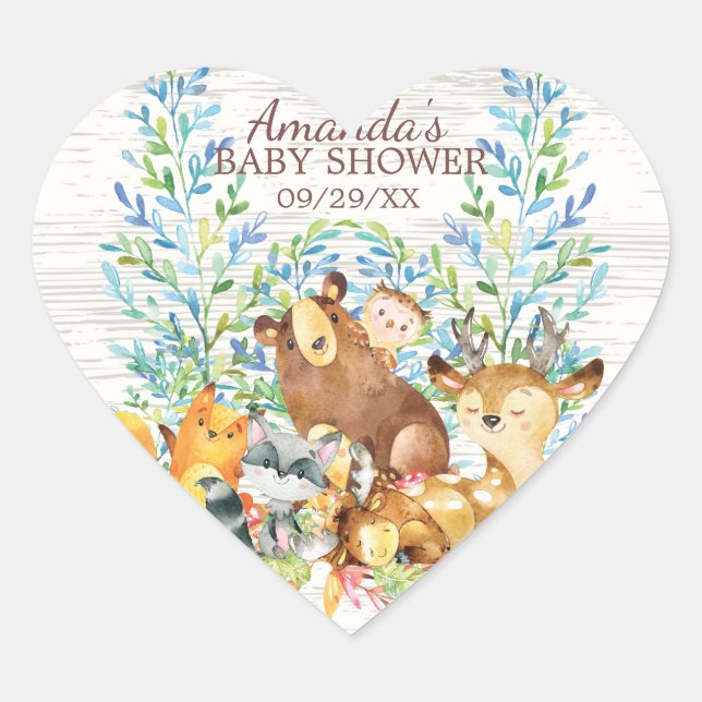 Woodland Animals Neutral Baby Shower Favour Sticke Heart Sticker (Front)