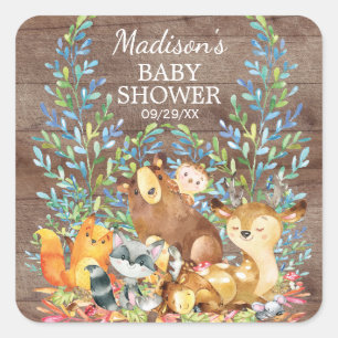 Woodland Animals Neutral Baby Shower Favour Sticke Square Sticker
