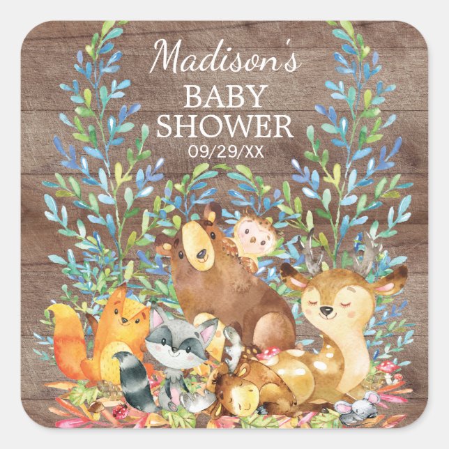 Woodland Animals Neutral Baby Shower Favour Sticke Square Sticker (Front)