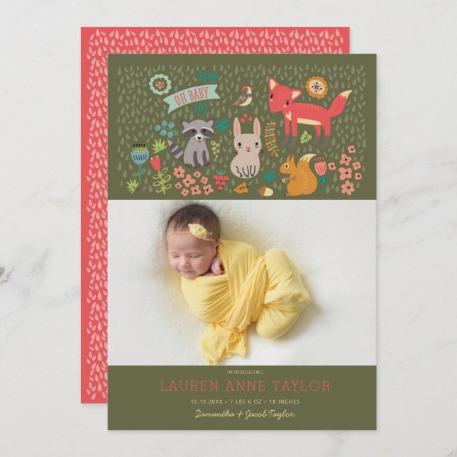Woodland Animals New Baby Birth Announcement (Front/Back)
