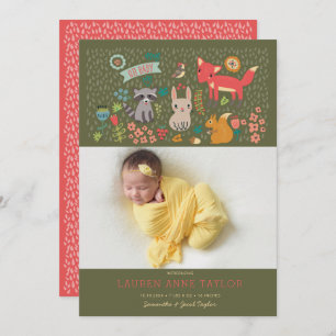 Woodland Animals New Baby Birth Announcement