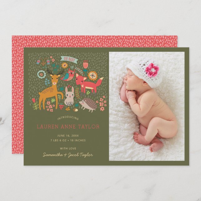 Woodland Animals New Baby Birth Announcement (Front/Back)