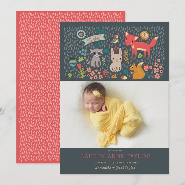 Woodland Animals New Baby Birth Announcement (Front/Back)