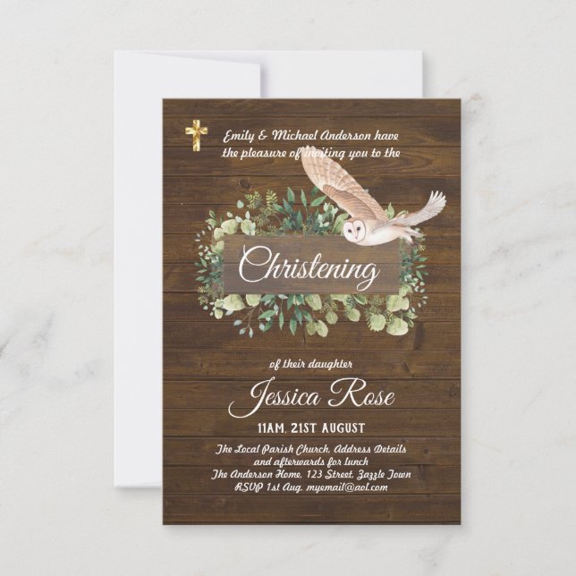 Woodland Animals Owl Christening Invite Baptism  (Front)