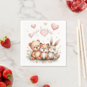 Woodland Animals Party Girl Pink Hearts Floral Napkin