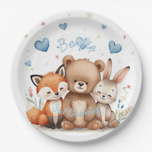 Woodland Animals Party Pastel Blue Hearts Floral  Paper Plate