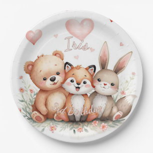 Woodland Animals Party Pastel Pink Hearts Floral  Paper Plate