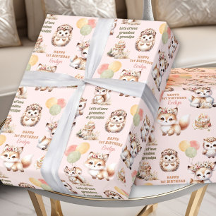 Woodland Animals Pastel Girl 1st Birthday Name Wrapping Paper