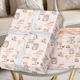 Woodland Animals Pastel Girl Birthday Name Wrapping Paper