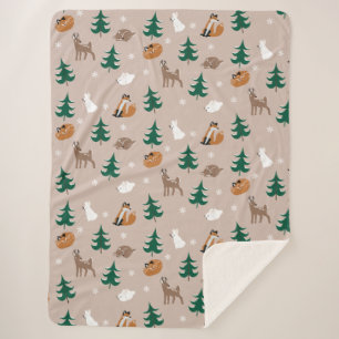 Woodland Animals Pattern Snow Covered Trees Brown Sherpa Blanket