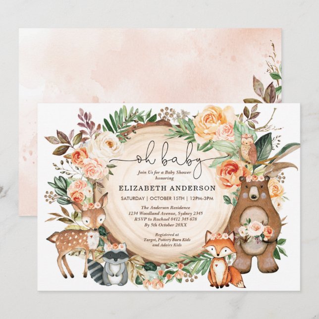 Woodland Animals Peach Orange Floral Baby Shower Invitation (Front/Back)
