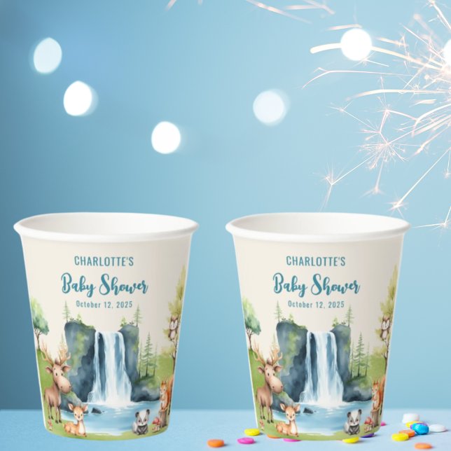 Woodland animals Personalised Blue Baby Shower Paper Cups (Creator Uploaded)