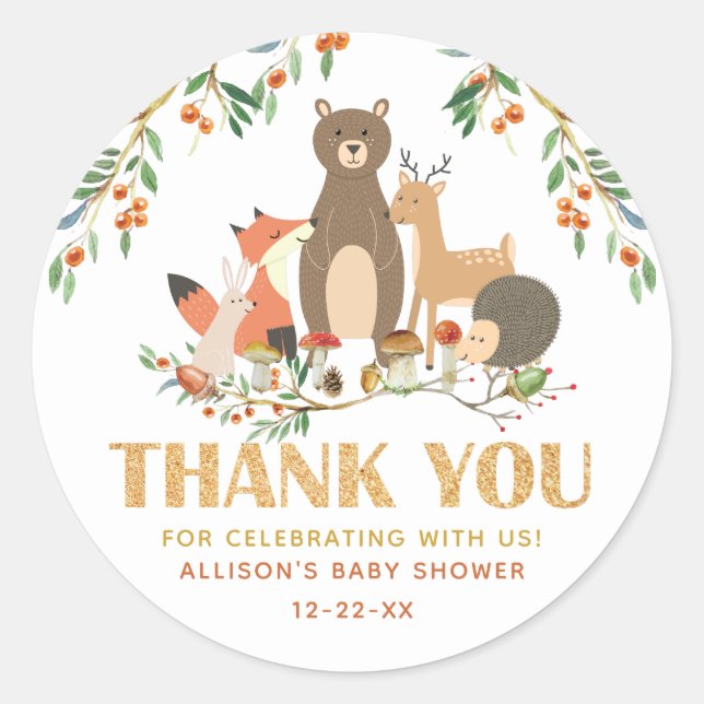 Woodland Animals personalised Thank You Classic Round Sticker (Front)