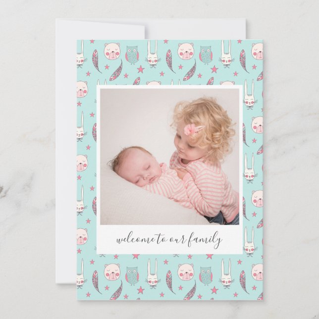 Woodland Animals Photo Birth Announcement Card (Front)