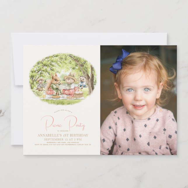 Woodland Animals Picnic Girl 1st Birthday Photo Invitation (Front)