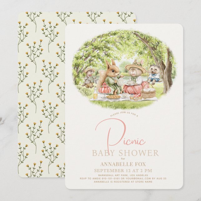 Woodland Animals Picnic Girl Baby Shower Invitation (Front/Back)