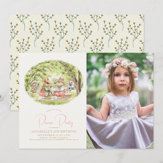 Woodland Animals Picnic Girl Birthday Photo Invitation (Front/Back)