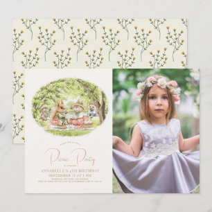 Woodland Animals Picnic Girl Birthday Photo Invitation
