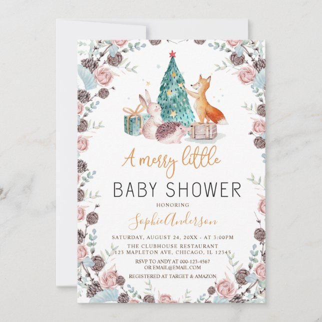 Woodland Animals Pine tree Christmas Baby Shower Invitation (Front)