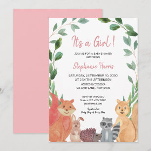 Woodland Animals Pink Baby Girl Baby Shower Invitation