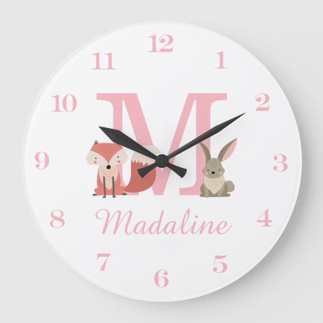 Woodland Animals Pink Baby Girl Initial Monogram Large Clock (Front)