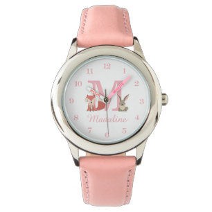 Woodland Animals Pink Baby Girl Initial Monogram Watch