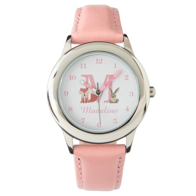 Woodland Animals Pink Baby Girl Initial Monogram Watch (Front)