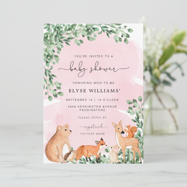 Woodland Animals Pink Baby Shower Invitation (Standing Front)