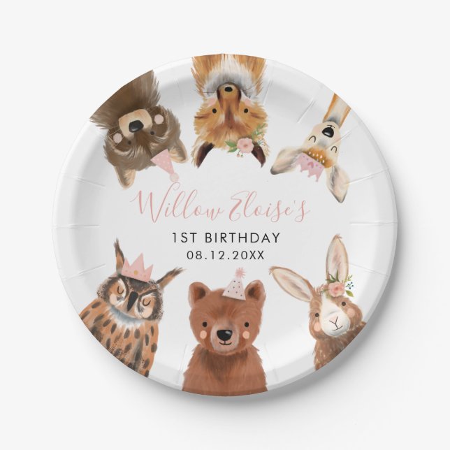 Woodland Animals Pink Birthday Party  Paper Plate (Front)
