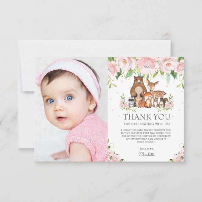 Woodland Animals Pink Blush Floral 1st Birthday Thank You Card (Front)