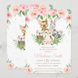 Woodland Animals Pink Blush Floral Baby Shower Invitation