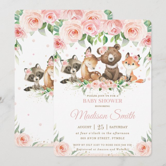 Woodland Animals Pink Blush Floral Baby Shower Invitation (Front/Back)