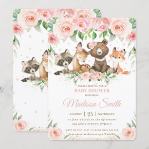 Woodland Animals Pink Blush Floral Baby Shower Invitation