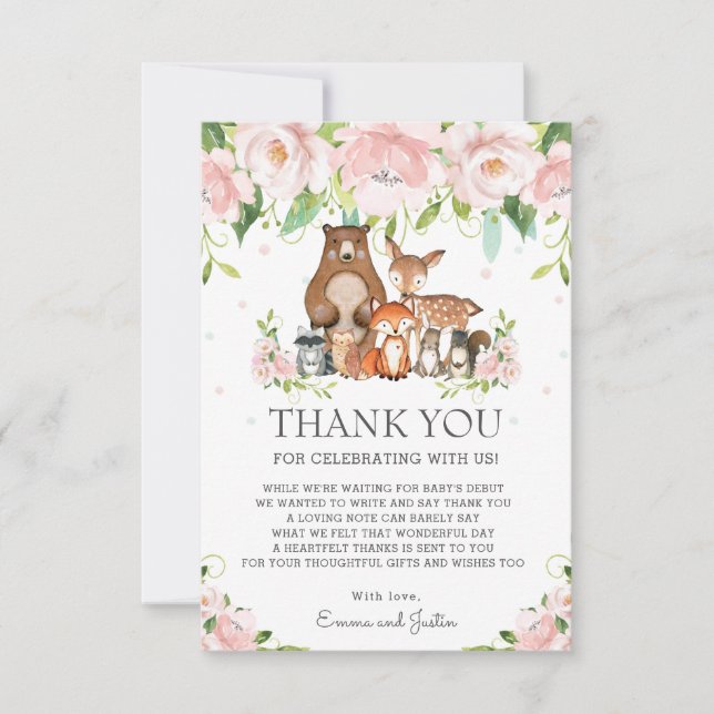 Woodland Animals Pink Blush Floral Baby Shower Thank You Card (Front)