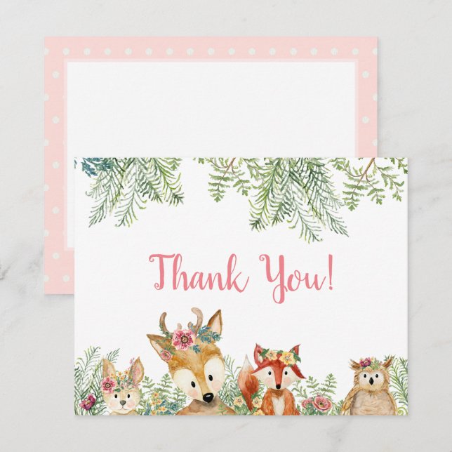 Woodland Animals Pink Boho Deer n Fox Thank You Invitation (Front/Back)