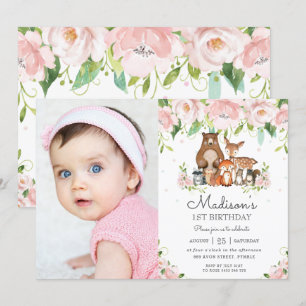 Woodland Animals Pink Floral 1st Birthday Photo Invitation